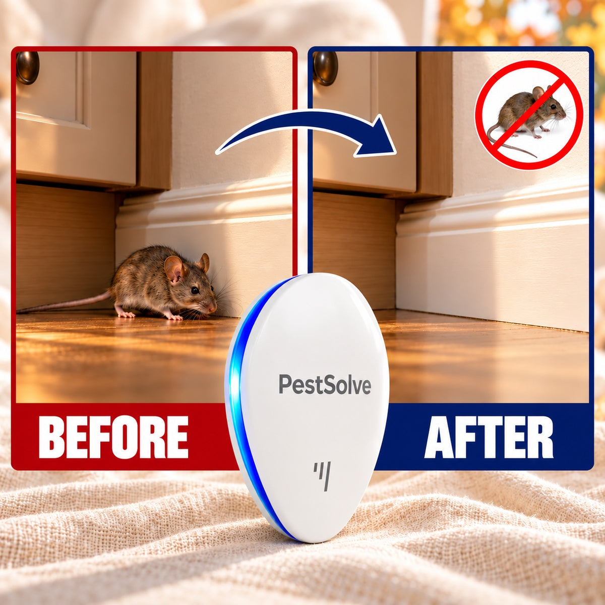 Before and after: mouse at the baseboard, then a clear room with PestSolve plugged in