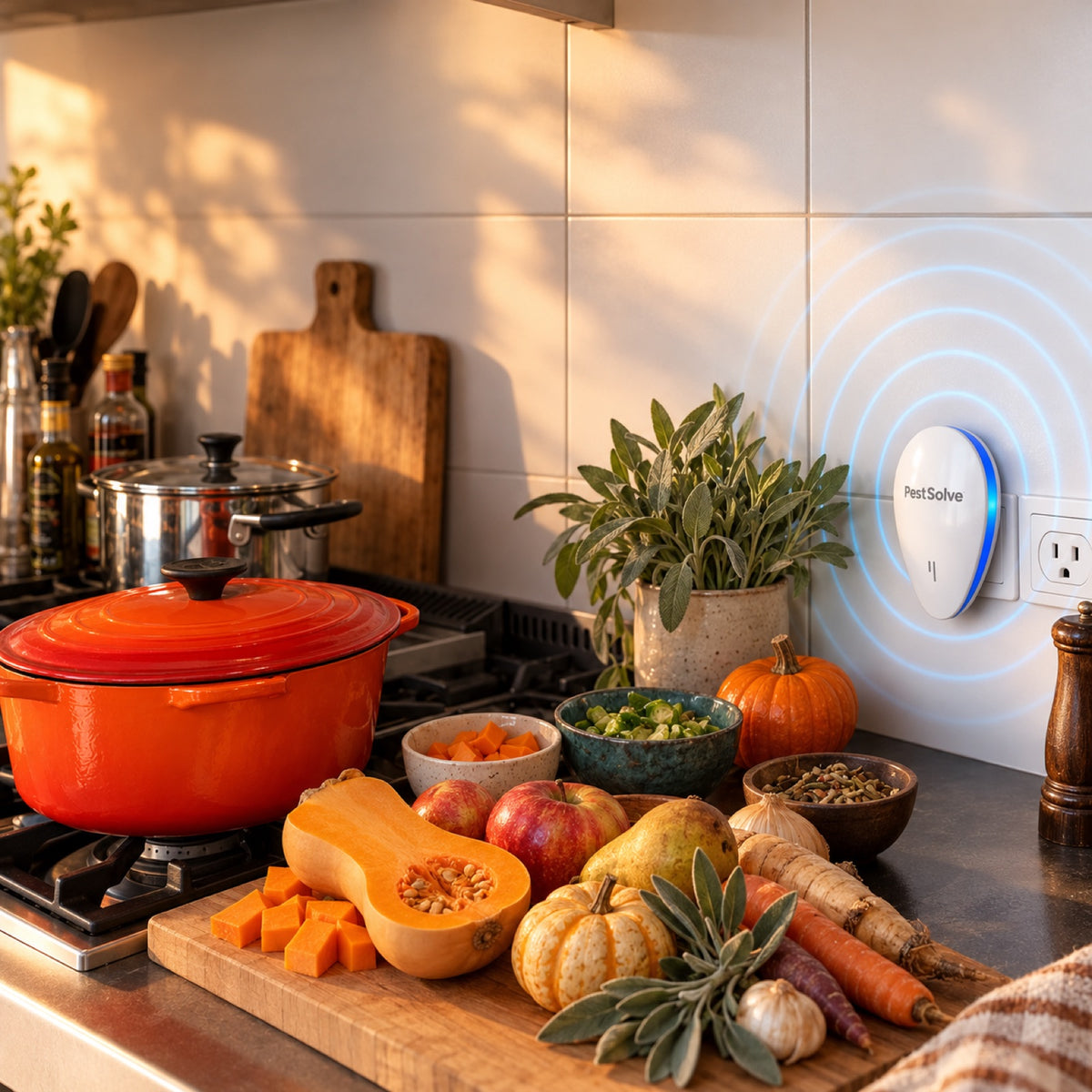 PestSolve device in a kitchen with autumn produce on the counter