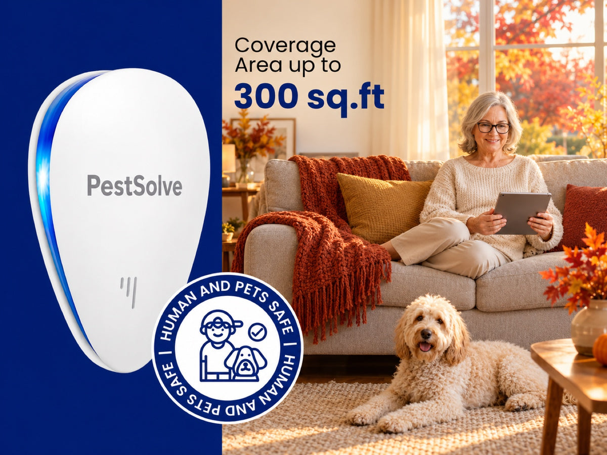 Pets relaxing at home in autumn with a PestSolve device
