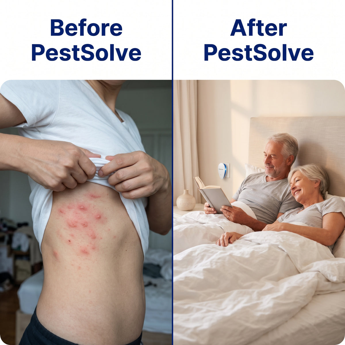 Before PestSolve: bites on skin. After PestSolve: couple relaxing in bed