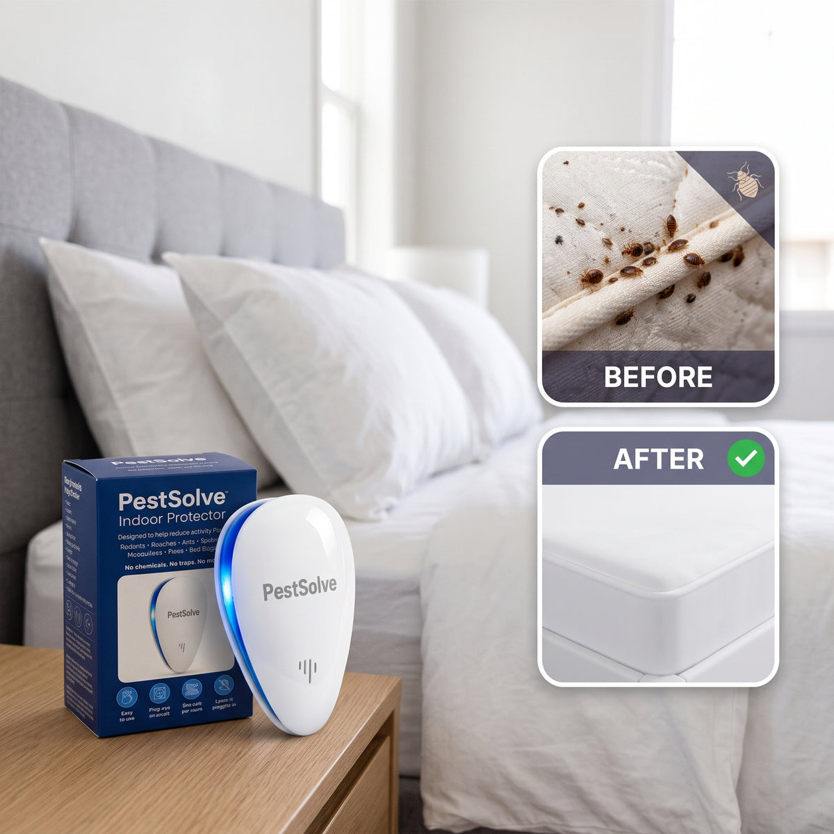 PestSolve Indoor Protector on a bedside table next to a bed, with a before and after bed bug comparison