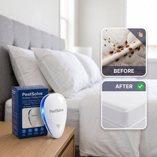 PestSolve Indoor Protector on a bedside table next to a bed, with a before and after bed bug comparison