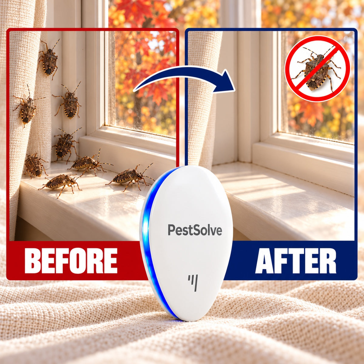 Before and after: stink bugs on the windowsill, then a clear windowsill with PestSolve